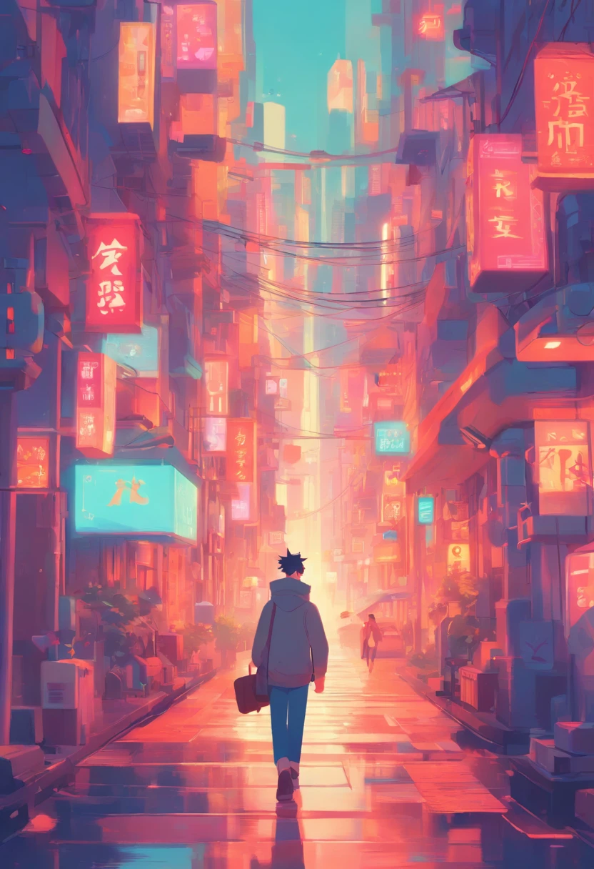 Illustration of a man walking through a city with various objects, Editorial illustration pastelcolor, Al estilo de James Gilleard, Illustration style, Ilustraciones de James Gilleard, flat illustration, in digital illustration style, ilustraciones de revistas, editorial illustration, digital illustration -, #插圖, Magazine Illustration, inspirado por James Gilleard, Modern illustration, 插圖 | Rutkowski, stylized digital illustration