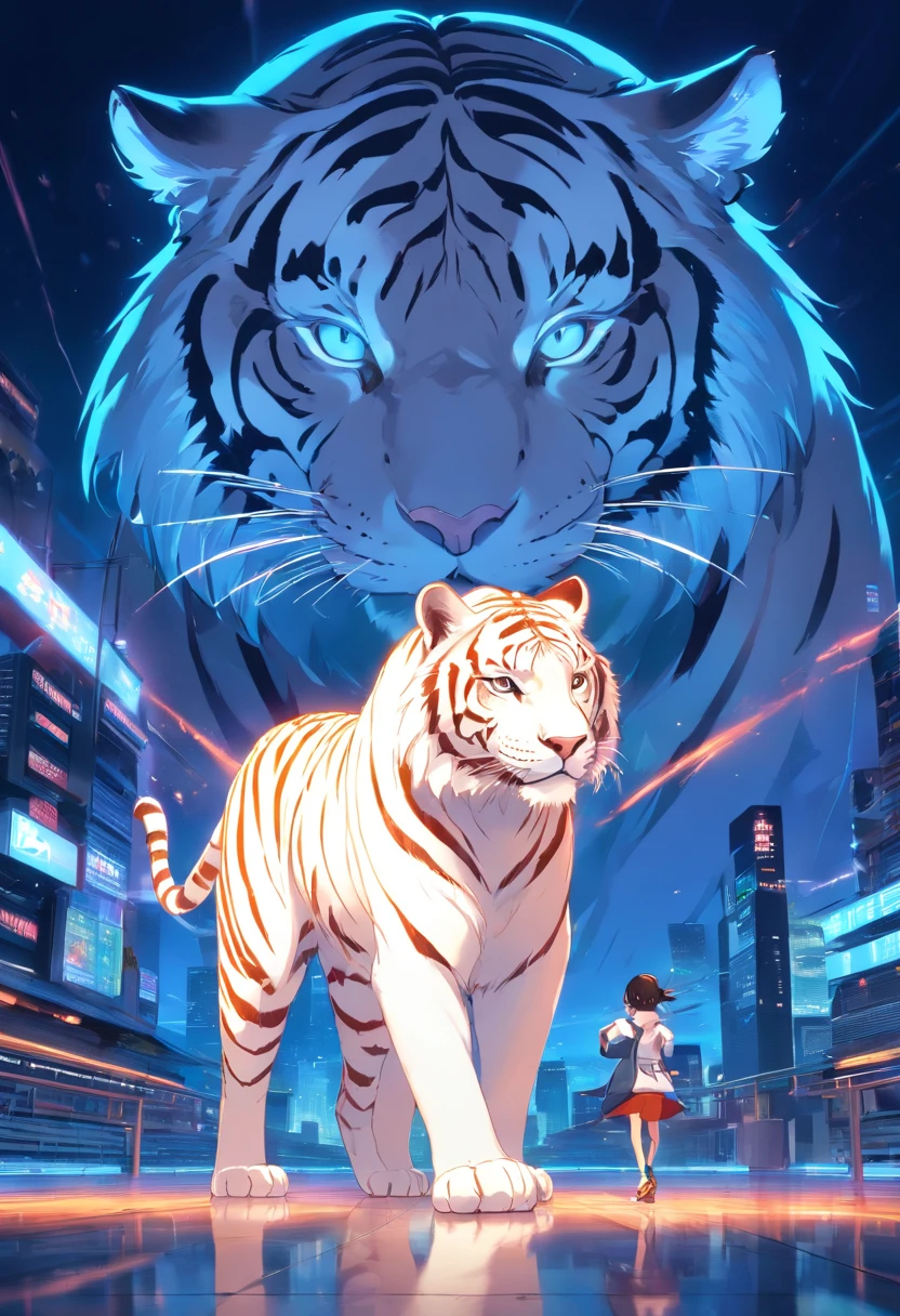 Eine Frau, in einen Anime-Stil umgewandelt, a big white tiger in front of her, Hintergrund mit Hintergrundbeleuchtung, der das Motiv hervorhebt, Kontrastreiche Farben, 4K high-definition quality