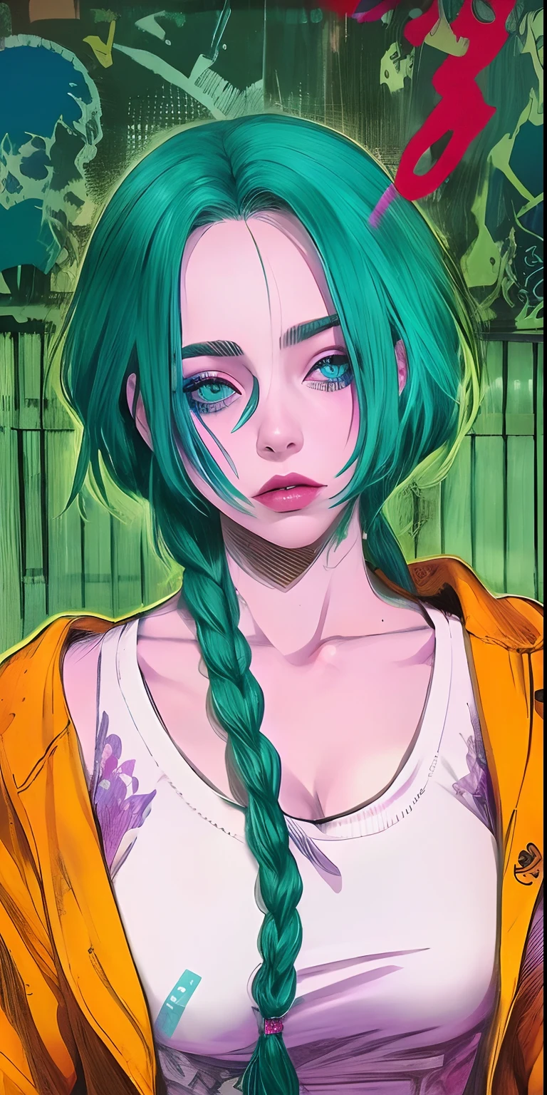 una imagen de dibujos animados de una mujer con cabello azul y una peluca azul, Mujer corta de cabello azul, Estilo de anime Madhouse, Chica con cabello azul, Estilo anime Jojo, Chloe Precio, Retrato de Jinx de Arcane, cell shaded adult animation, Boceto coloreado de alta calidad, Chica de anime con cabello verde azulado, looking like annie leonhart, overlord billie eilish