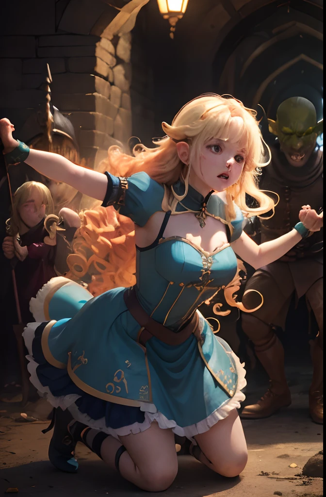 (1 Girl and 1 Goblin Boy) Blonde Elf. 25 years. Cyan eyes. (golden long curly hair, scattered in a mess:1.2). (Dirty blue dress with gold embroidery). high-heeled shoes. Beautiful Character Face. Detailed eyes and face, delicate features, (Sexy). She fights a goblin in the middle of an underground labyrinth. ( Green Skin Goblin Boy in Leather Clothes with Axe, attacks her and tries to grab her arms), Stone walls, light mist. Outstretching Hands. Brandishing Weapons, fencing. Infighting. Anxious atmosphere. Fantasy theme,. dramatic  lighting. higly detailed. side-view.