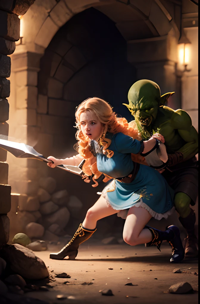 Outraged 20-year-old blonde elf girl with long wavy hair and blue eyes, in a blue dress with gold embroidery. 1 orc, green skin, in leather clothes. An argument with an orc in the office. The orc molests her and grabs her by the waist, She breaks free from his embrace.  delicate detail. ultra details. highly detailed characters. seen from behind.