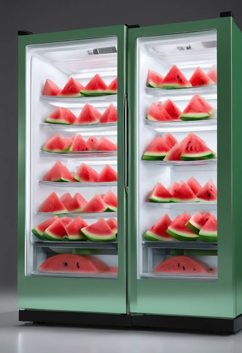 An open white fridge full to the bim wtih watermelon inside of it. There is only watermelon iside of fridge. Draw watermelon spilling out of fridge onto he floor, draw over 100 watermelons inside