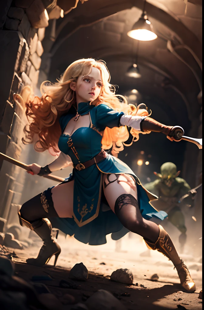 (1 Girl and 1 Goblin Boy) Blonde Elf. 25 years. Cyan eyes. (golden long curly hair, scattered in a mess:1.2). (Dirty blue dress with gold embroidery). high-heeled shoes. Beautiful Character Face. Detailed eyes and face, delicate features, (Sexy). She fights a goblin in the middle of an underground labyrinth. ( Green Skin Goblin Boy in Leather Clothes with Axe, attacks her and tries to grab her), Stone walls, light mist. Outstretching Hands. Brandishing Weapons, fencing. Infighting. Anxious atmosphere. Fantasy theme,. dramatic lighting. higly detailed. side-view.