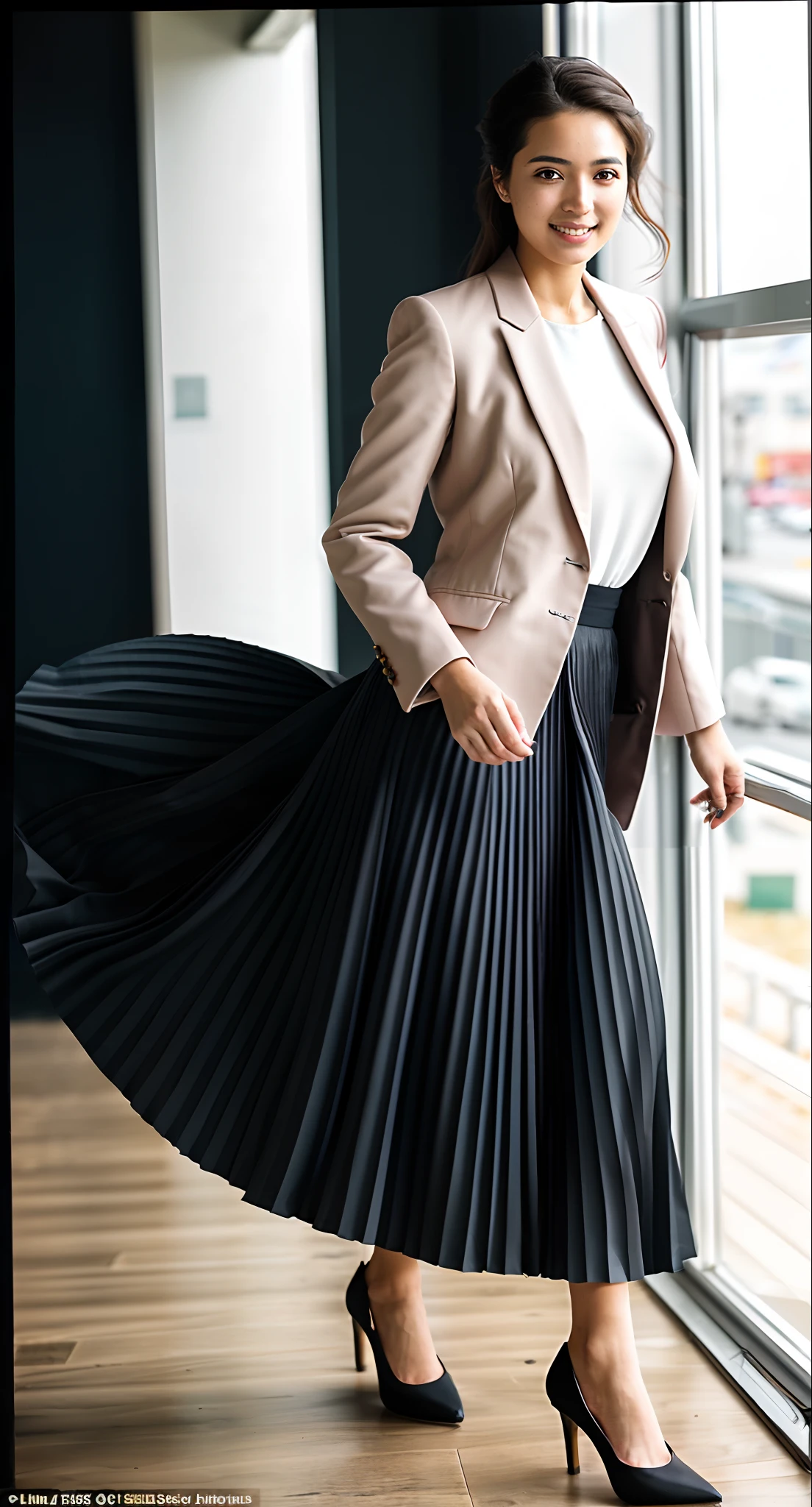 (shy:1,2) (smiling;1,1) woman playing with skirt, dancing, wearing short blazer and very very detailed (long (fully pleated) full circle skirt) and (simple) low heeled office shoes, very very intricate hyper-detailed symmetric (attractive graceful young feminine face) with (sad, tired eyes and a shy smile), large breasts, full of empathy and compassion and love, (pronounced (feminine) features), (highly detailed ultra accurate realistic) hands and fingers, (windy conditions and wind blowing), epic composition, highly detailed attributes, highly detailed space station background, (35mm f1.4 Kodak portra 400 photograph), extremely high quality RAW photograph,