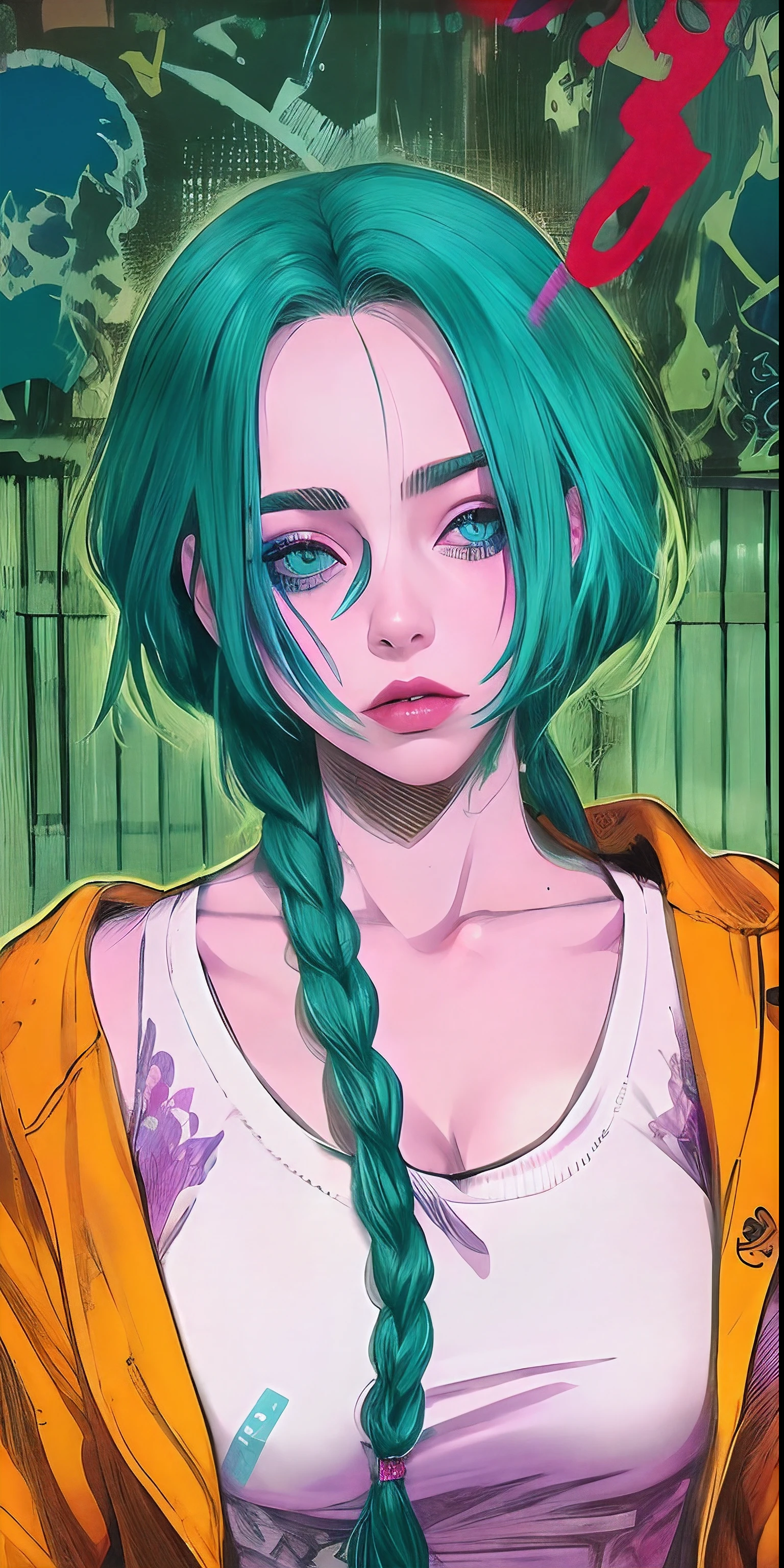 una imagen de dibujos animados de una mujer con cabello azul y una peluca azul, Mujer corta de cabello azul, Estilo de anime Madhouse, Chica con cabello azul, Estilo anime Jojo, Chloe Precio, Retrato de Jinx de Arcane, cell shaded adult animation, Boceto coloreado de alta calidad, Chica de anime con cabello verde azulado, looking like annie leonhart, overlord billie eilish