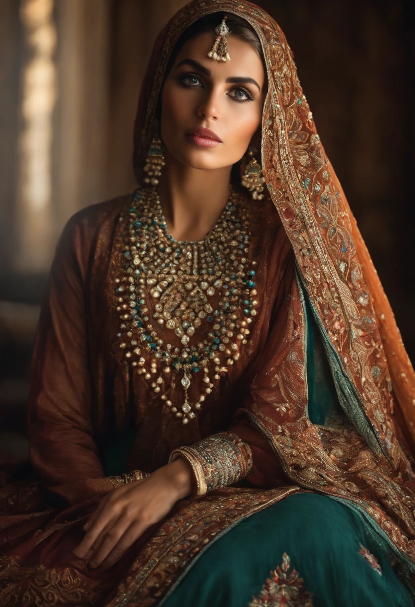 Une femme musulmane,beautiful detailed eyes,beautiful detailed lips,extremely detailed eyes and face,Cils longs,Porter un hijab,Expression pacifique,Traditional clothing,ornate patterns,tissu doux et fluide,Illustrated Art Style,couleurs riches,tons de couleurs chaudes,natural lighting,high contrast,Realistic and realistic details,High-resolution artwork,Teintes vives et vibrantes,textures subtiles. Assise dans un salon