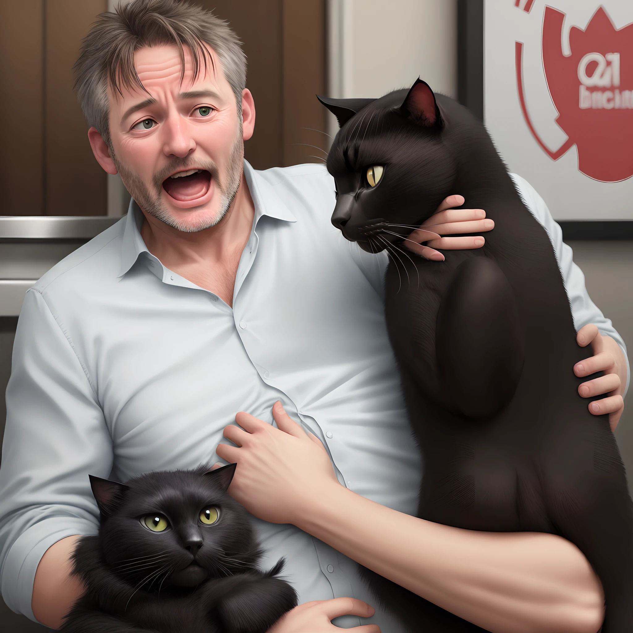Middle aged guy drunk and distressed choking black cat