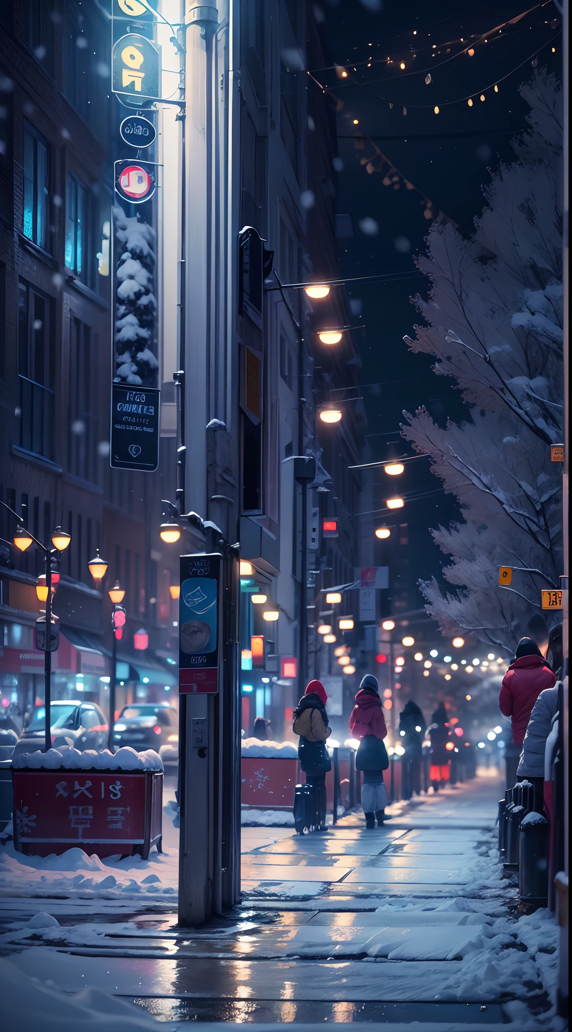 (No People), Unattended, No One, Landscape, Winter, Christmas, City, Tokyo, Sidewalk, Snow, Light Up, Night, HD Detail, Ultra Detail, Film, Hyper Realism, Soft Light, Deep Focus Bokeh, Ray Tracing, Art Station pixivgwise, Makoto Shinkai, Art Germ