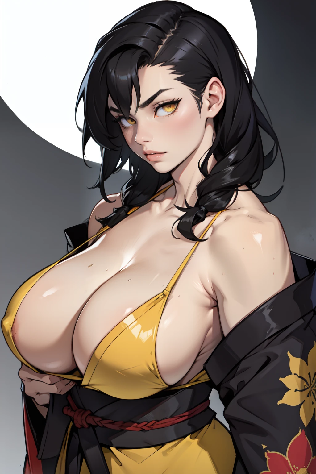 kimono pale skin 1 girl black hair yellow eyes bodybuilder huge breasts