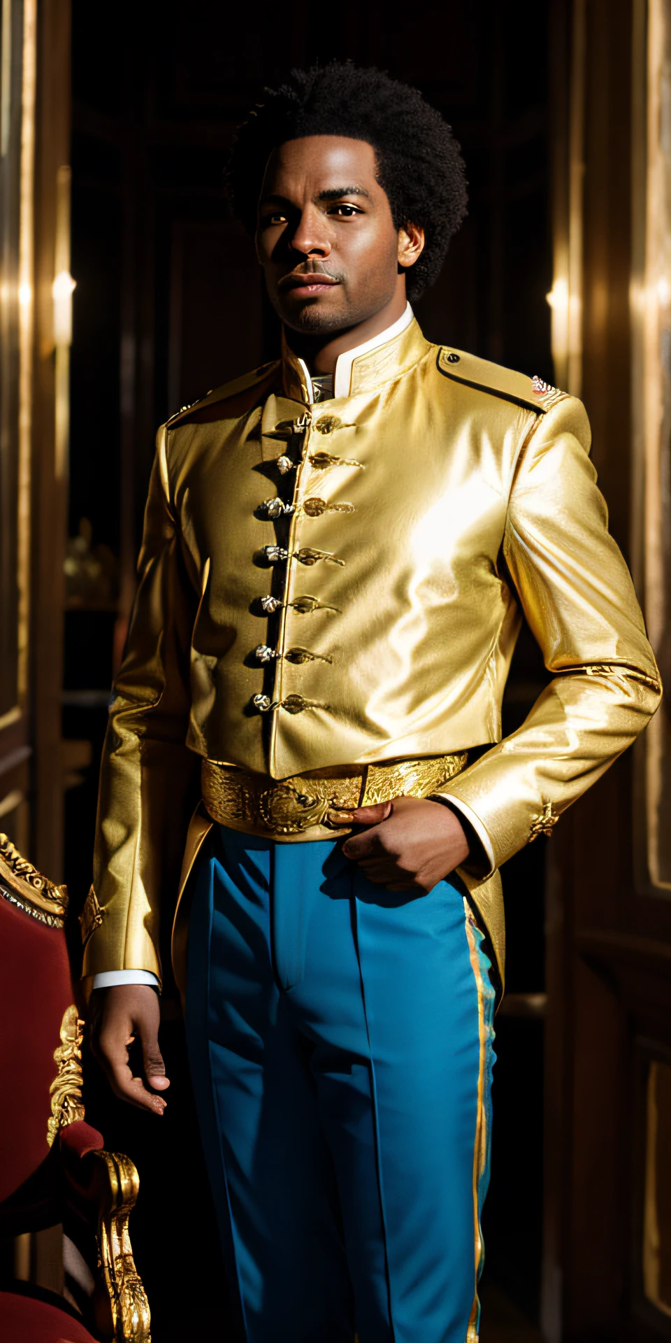 Toussaint l'Ouverture em seu uniforme,irritado, Holding gold cup, com uma coroa de ouro,Standing on a hill, cara bonita