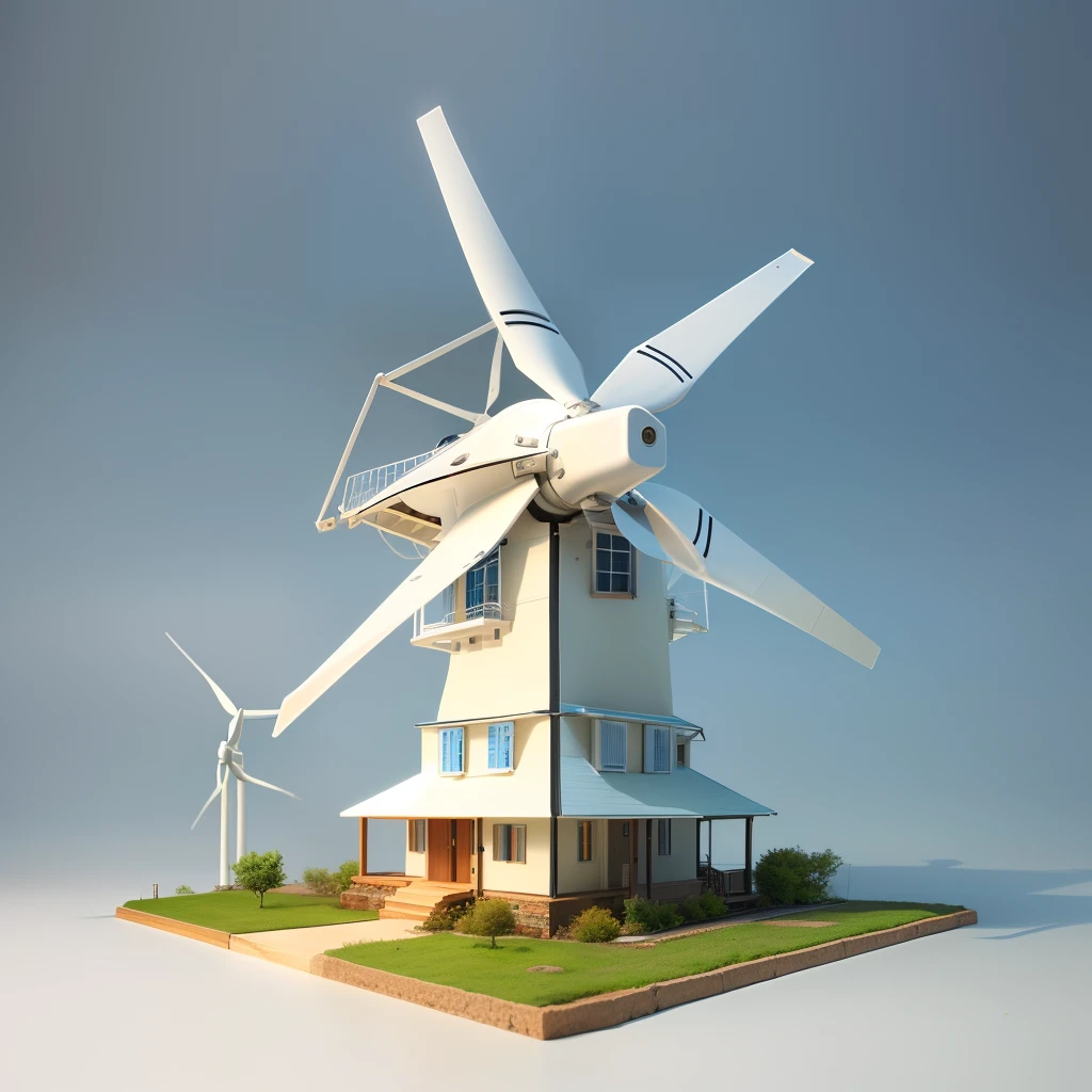 A model wind turbine generator that powers a model house with a small light bulb