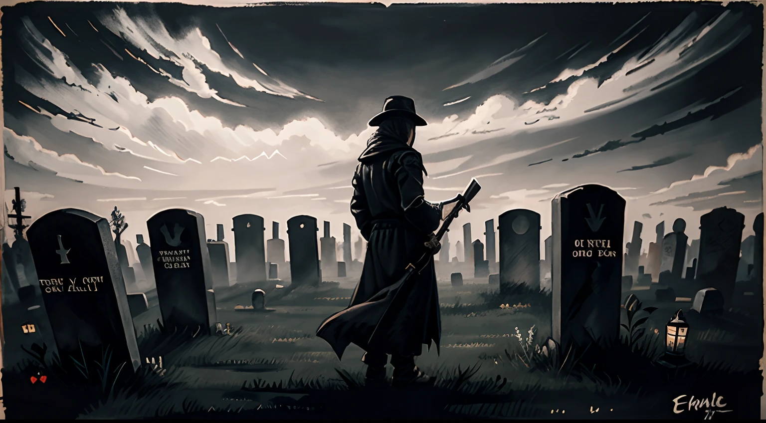 Oil Ink Drawing, graveyard, estilo videogame