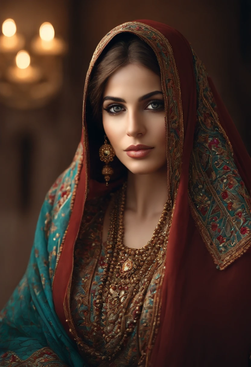 Une femme musulmane,beautiful detailed eyes,beautiful detailed lips,extremely detailed eyes and face,Cils longs,Porter un hijab,Expression pacifique,Traditional clothing,ornate patterns,tissu doux et fluide,Illustrated Art Style,couleurs riches,tons de couleurs chaudes,natural lighting,high contrast,Realistic and realistic details,high resolution illustration,Teintes vives et vibrantes,textures subtiles. Assise dans un salon