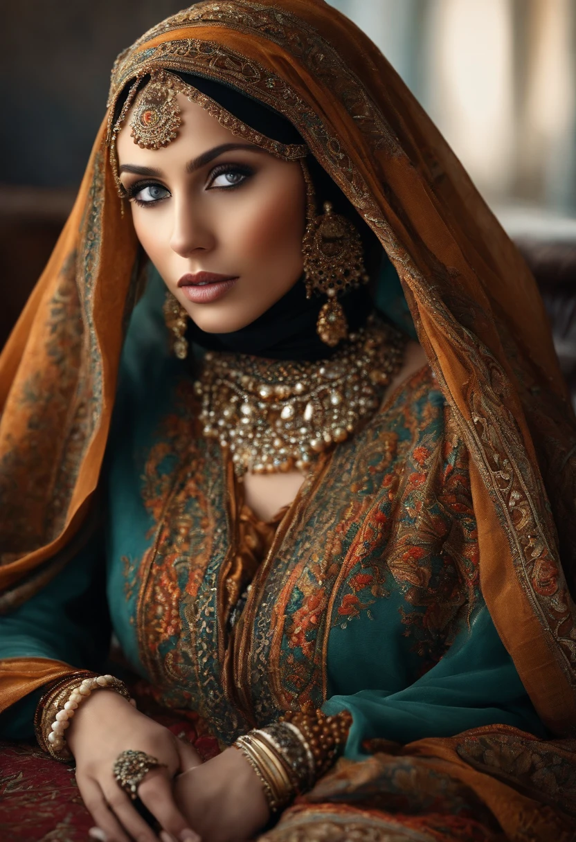 Une femme musulmane,beautiful detailed eyes,beautiful detailed lips,extremely detailed eyes and face,Cils longs,Porter un hijab,Expression pacifique,Traditional clothing,ornate patterns,tissu doux et fluide,Illustrated Art Style,couleurs riches,tons de couleurs chaudes,natural lighting,high contrast,Realistic and realistic details,high resolution illustration,Teintes vives et vibrantes,textures subtiles. Assise dans un salon