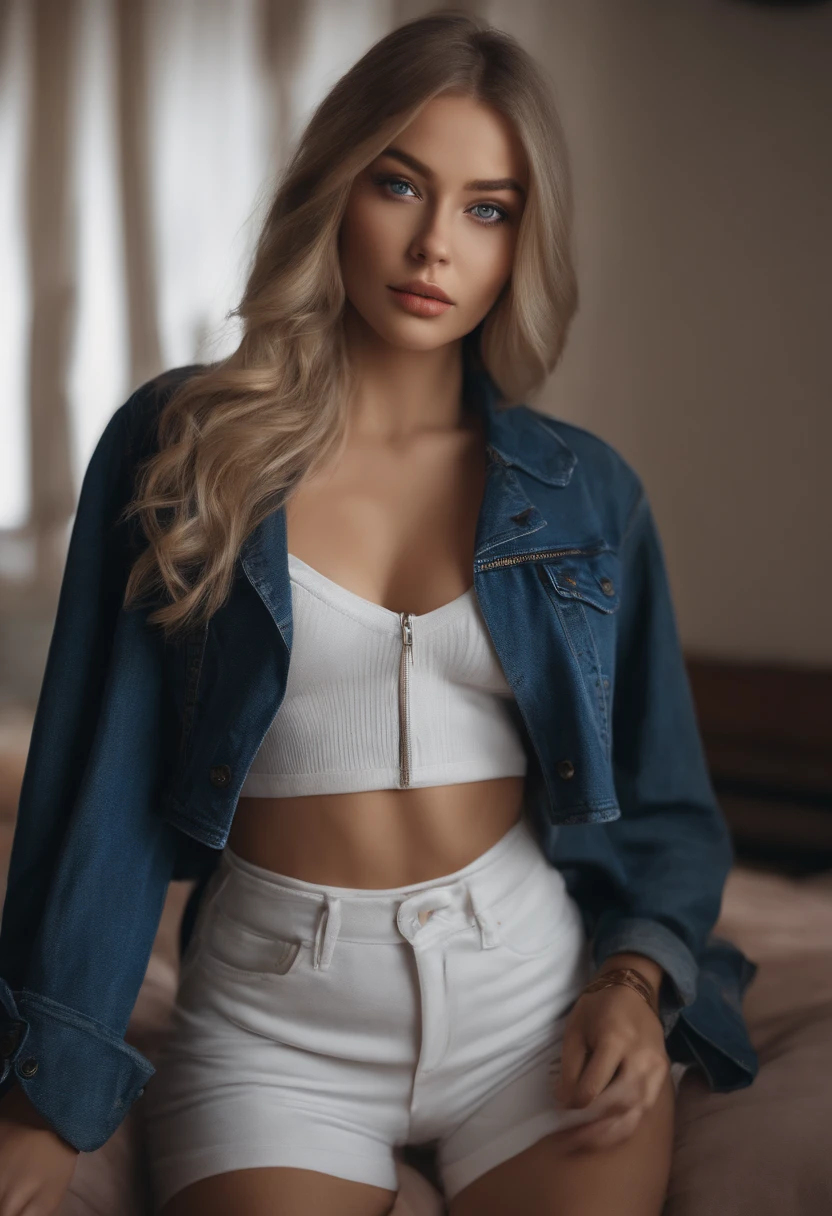 arafed woman fully , sexy girl with blue eyes, ultra realistic, meticulously detailed, portrait sophie mudd, blonde hair and large eyes, selfie of a young woman, bedroom eyes, violet myers, without makeup, natural makeup, looking directly at the camera, face with artgram, subtle makeup, black leggings, White shit with a black jacket, medium to large size bust
