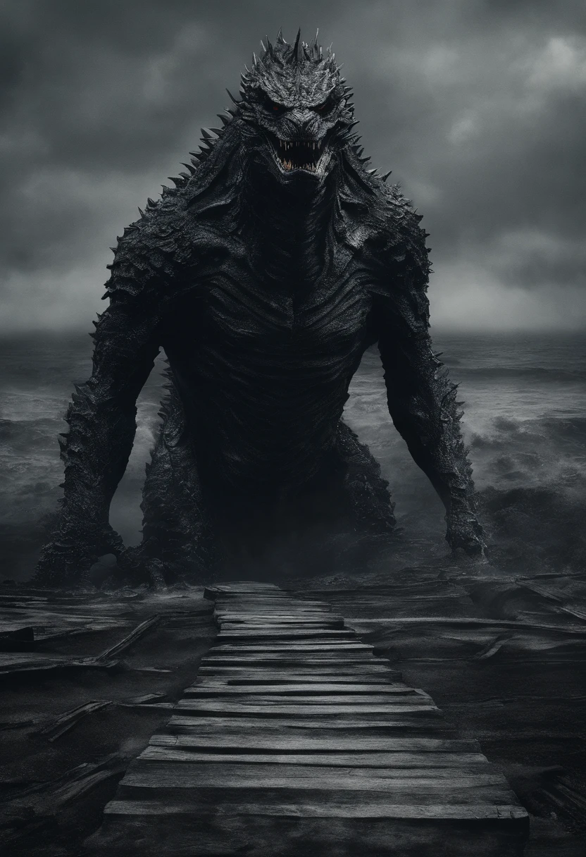 Monstros estranhos em um mundo de fantasia,Godzilla,Um laser grosso pulveriza para fora da boca,sangue,Covered with thick spikes,Noite de Lua,中景 the scene is,Corpo inteiro como,emergindo dos mares, VFX surreal altamente detalhado,oc renderizado,Disparo com 70 mm - AR 16:9 --q 2 --s 1000