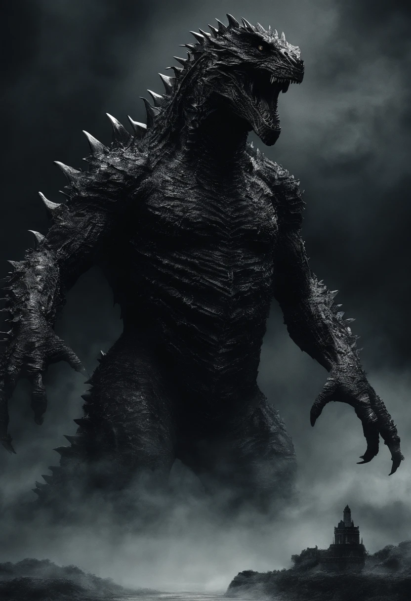 Monstros estranhos em um mundo de fantasia,Godzilla,Um laser grosso pulveriza para fora da boca,sangue,Covered with thick spikes,Noite de Lua,中景 the scene is,Corpo inteiro como,emergindo dos mares, VFX surreal altamente detalhado,oc renderizado,Disparo com 70 mm - AR 16:9 --q 2 --s 1000