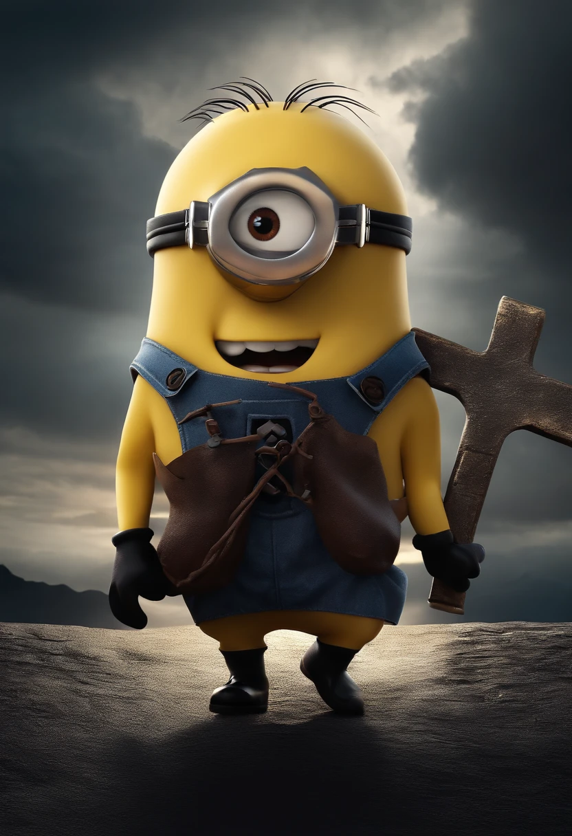 minion from despicable me, carries crucifix on his back, going to Golgotha, storm background