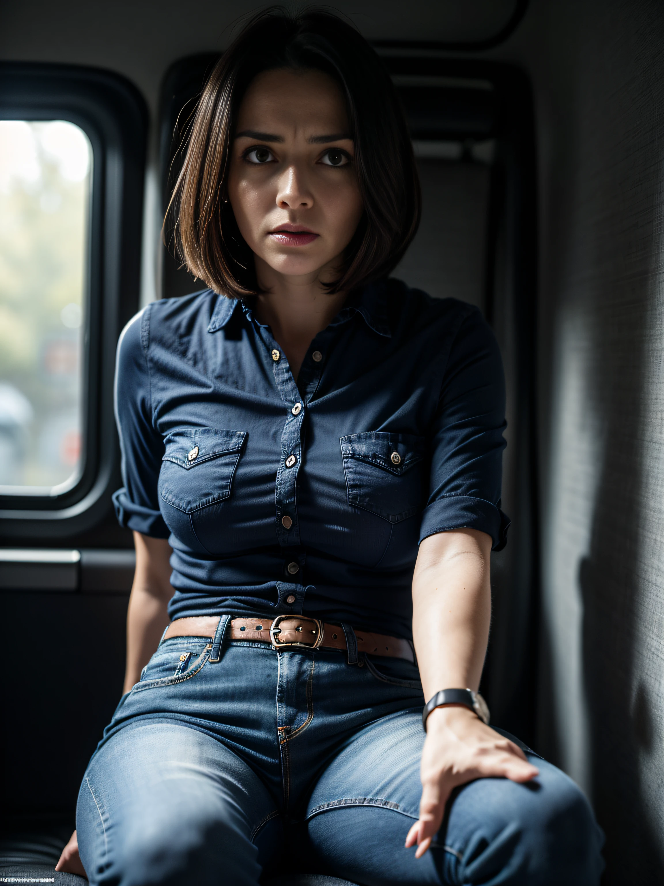 (BishoujoMamá: 1.5), bella mujer blanca sentada cruzando las piernas, fondo de cesped, chaqueta de cuero cafe, jeans ajustados, camisa blanca con mucho escote, cargando un Bolso negro en las piernas, (((pechos enormes, escote))), ((muslos gruesos, Figura de reloj de arena)), (Topless), ( : 1.5) ((labios rojos gruesos), ((ojos azules)), ((Cola de caballo larga)), ((Brown-haired)) fotorrealista, Cinematographer, obra maestra, realista, realismo, Cinematographerrrealismoo, alto contraste, Photorealistic digital art trend on Artstation 8k HD HD Realistic Detailed High Definition, detallado, textura de la piel, hiper detallado, textura realista de la piel, armadura, La mejor calidad, ultrahigh resolution (fotorrealista: 1.4), High resolution, detallado, foto RAW, sharp re, By Lee Jeffries Nikon D850 Film Stock Photography 4 Kodak Portra 400 F1 Camera.6 Lens Rich Colors Hyperrealistic Realistic Texture Dramatic Lighting Unrealengine Trend in Artstation Cinestill 800,
