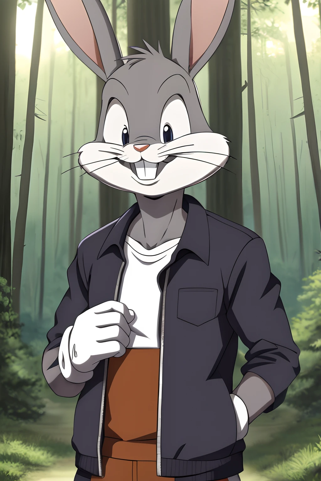gloves, male, solo, bugs bunny, rabbit, buckteeth, forest, long ears, grey body, grey fur, white fur,furry,anime style, anime screencap, 2010s_\(style\), grin, forest, upper body, short-sleeved jacket with white lining,