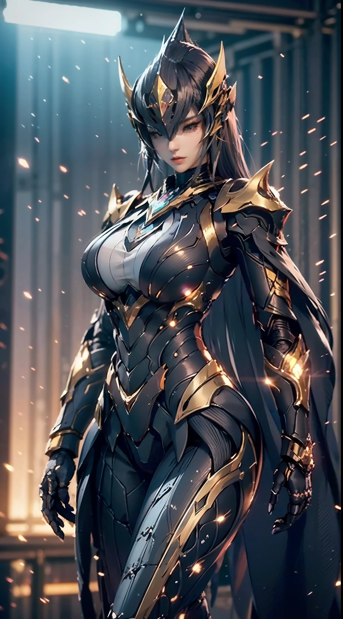 ((unreal enginee 5)), lifelike rendering, excellent, (Full Armor Body), (cloaks), (Helm), looking in camera, Stand in the studio, Beautiful face, makeup, CGI Mix, (Photorealism:1.2), Ultra-realistic UHD face, (huge tit), Slim waist, an hourglass figure, Half body, ((Glowing skin)), ((Shiny skin)), Realistic body, ((She has a sexy body)), ((Clean skin)), Photorealistic, Bokeh, Motion Blur, masutepiece, hight resolution, 1080p, Super Detail, Textured skin.