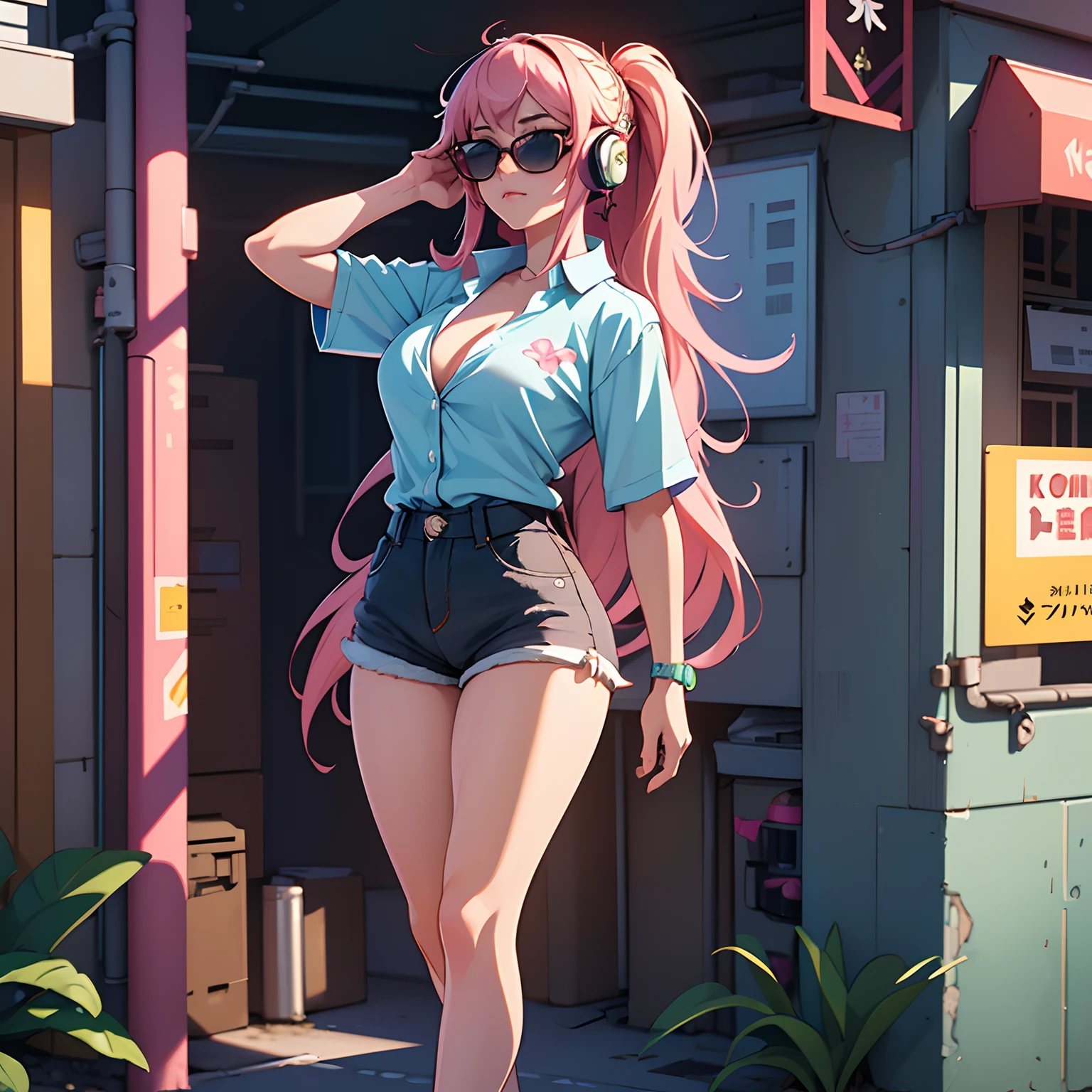 Masterpiece, best quality, (very detailed CG unity 8k wallpaper) (best quality), (best illustration), (best shadows), single female, full body, long pink hair, anime, very large breasts, short sleeve button up hawaiian shirt with flowers, jean shorts, cyberpunk, neon, sunglasses, headphones, detailed skin, beautiful face
