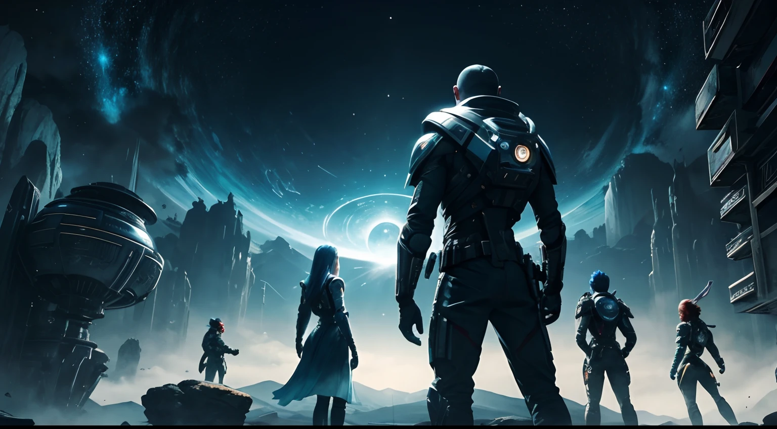 Siblingization between the humans of the Astra spaceship team on the planet Chronos with the local aliens sealing a friendship. Humans are wearing normal clothes, sem capacete e cravos espaciais. The Alien Civilization, Alien alpha male with blue skin and deep-set eyes, semelhante ao Nabu de Pandora. Everyone then stands. This image should have the alians and capture the essence of space exploration on an unknown planet, conveying the sense of mystery, Adventure and discovery that permeate history, ending with the interval between the leader of the aliens and the leader of the humans. Cyberpunk, arte splash, Ink Spinning Style, contorno, hiper-detalhado, intrinsecamente detalhado, Motor irreal, genie, tela inicial, cores complementares, arte conceitual de fantasia, 8K resolution, Obra-prima de arte desviante, Colored oil paints, heavy strokes, artes de salpicos, respingos de tinta, salpicos de aquarela, Specific painting. High definition. projeto. Ashley Wood.