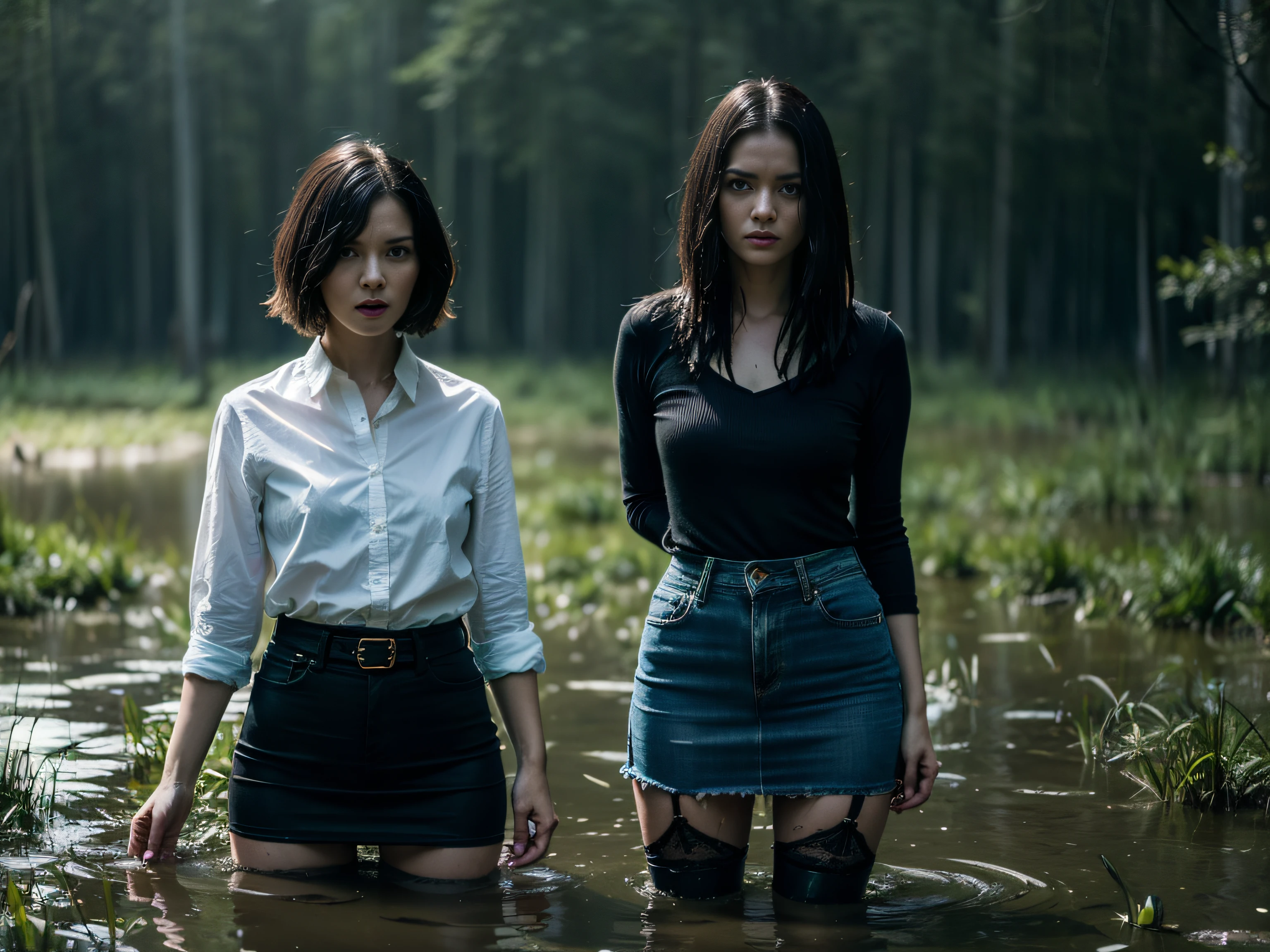 (Best Quality,hight resolution:1.2),The woman,Expressive wrinkles,Bob haircut,jeans skirt,blouse,(dark lace stockings with garters), ( drowning in a swamp:1.4),Detailed eyes and face,expression of despair,Dark and moody lighting,ominous vibe,desperation,trap, (Imminent Doom:1.2), Psychological thriller,