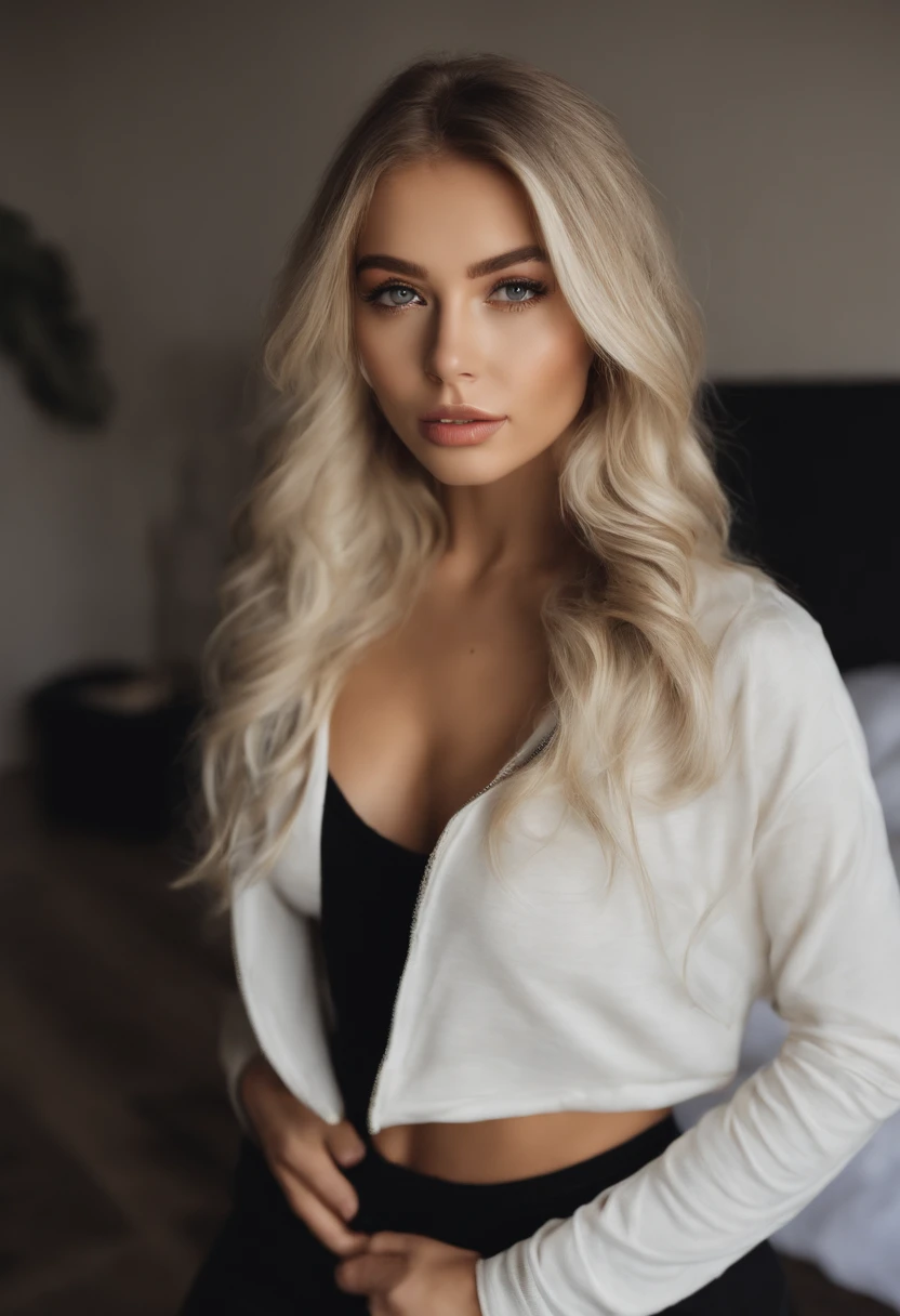 woman with matching tank top and panties, fille sexy aux yeux bleus, Portrait Sophie Mudd, Portrait de Corinna Kopf, cheveux blonds et grands yeux, selfie of a young woman, ohne Maquillage, maquillage naturel, Look directly into the camera, Visage avec Artgram, dezentes Maquillage, Superbe photo du corps entier, dans la chambre, gros seins, Blonde, black leggings, White top with a black jacket