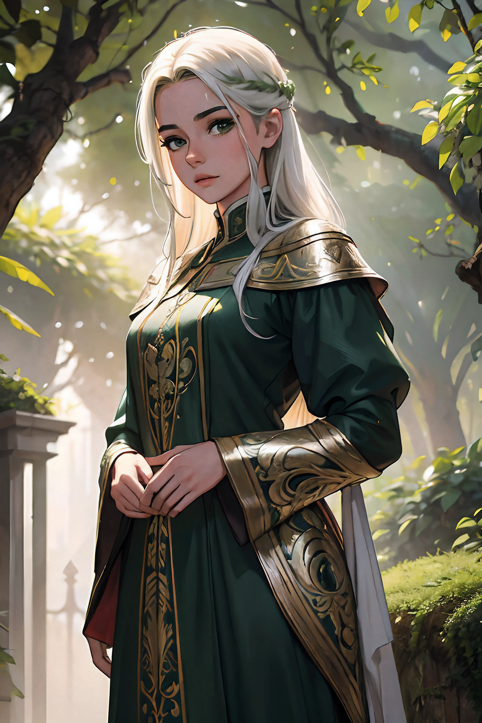 beautiful tall milf with asymmetric neck-length hair cut wearing a loose linen tunic and a short green cape