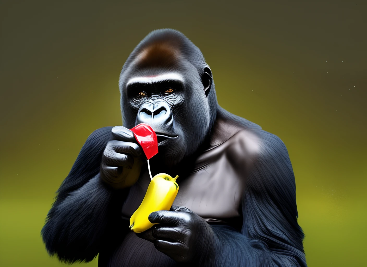 A sad gorilla wearing Jordan 4s with a Gucci coat eating a banana while drinking lean with tears and red eyes and is very depressed