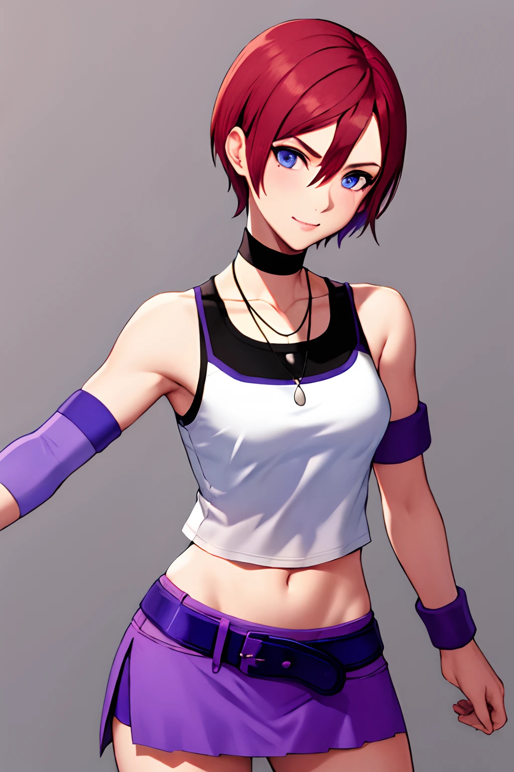 aakairi, short hair, blue eyes, necklace, choker, tank top, white shirt, armband, wristband, midriff, purple belt, purple skirt