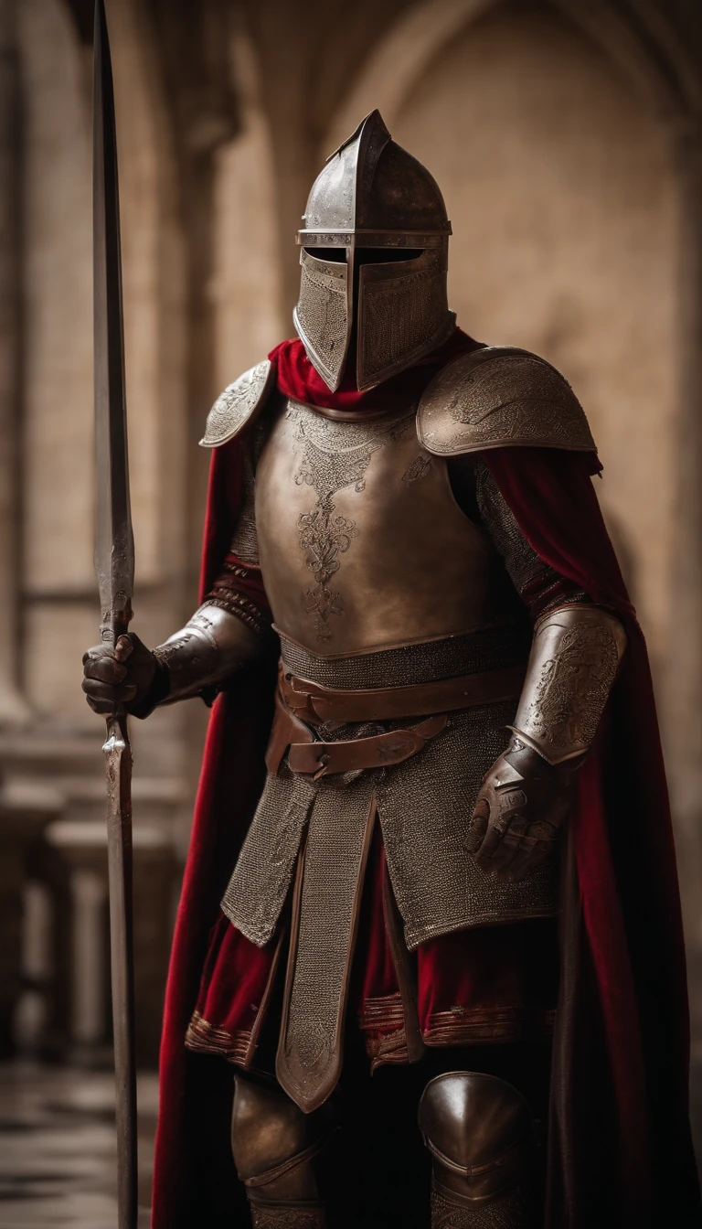 An armored demon stands in the hall with a sword, full portrait of magical knight, ares com armadura pesada e espada, guerreiro de fantasia em armadura completa, Armadura dourada de Paladin,There are demon horns on the helmet,olhos brilhantes vermelho-sangue,para arte conceitual de personagem de honra, cavaleiro blindado em vermelho, epic paladin armor, Santo cavaleiro medieval,foto de corpo inteiro