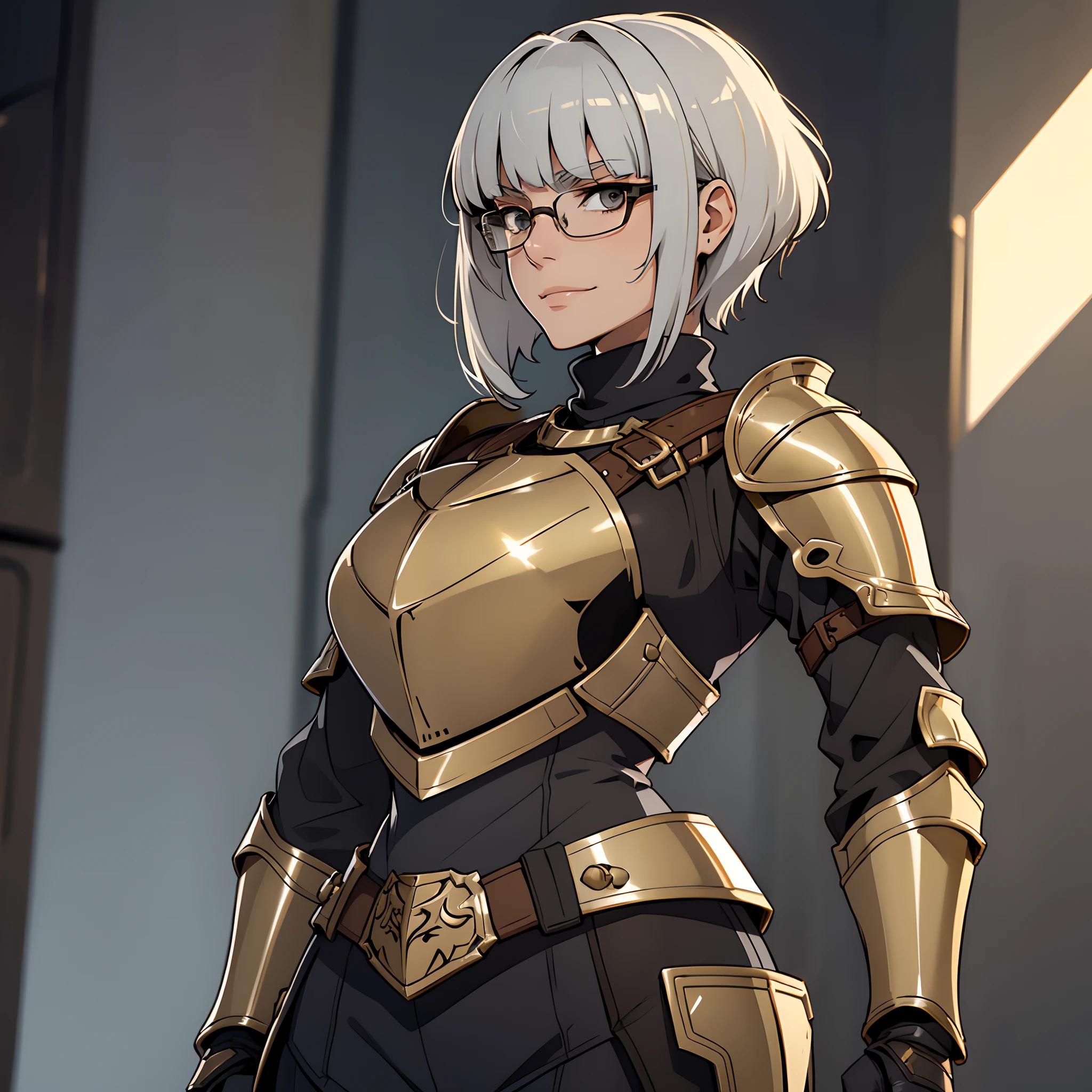 Solo, female, turtleneck, ((armor, knight, brass armor)), smirking, silver hair, short swept bangs, short hair, sideswept, glasses, standing, chestpiece,