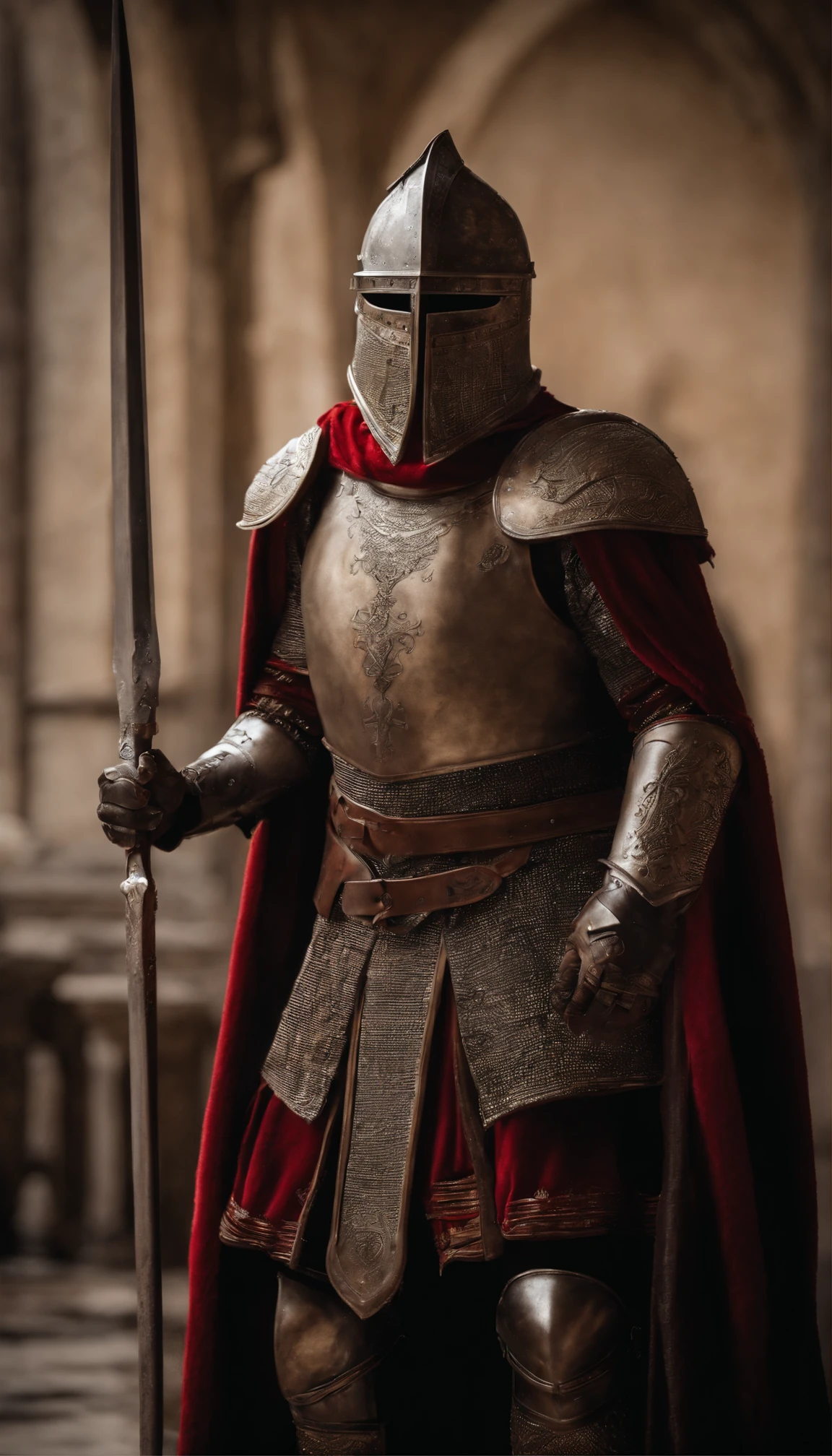 An armored demon stands in the hall with a sword, full portrait of magical knight, ares com armadura pesada e espada, guerreiro de fantasia em armadura completa, Armadura dourada de Paladin,There are demon horns on the helmet,olhos brilhantes vermelho-sangue,para arte conceitual de personagem de honra, cavaleiro blindado em vermelho, epic paladin armor, Santo cavaleiro medieval,foto de corpo inteiro