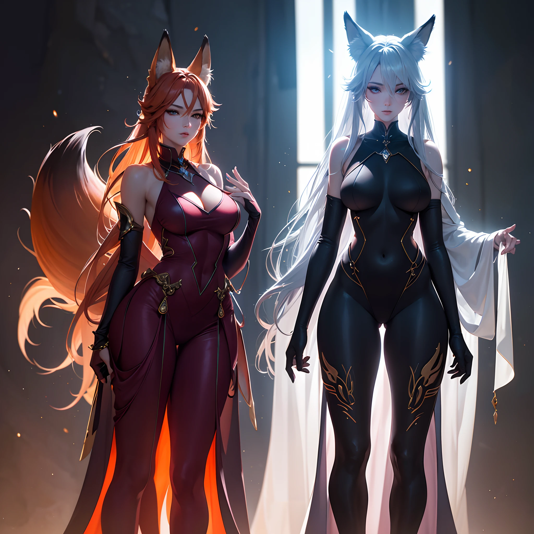 The fox has nine tails and has a man human body, standing and showing her perfect figure, perfect height, beautiful body, rich close-up, ultra HD images, high attention to detail, detail level, Moody Lighting, Radioluminescence