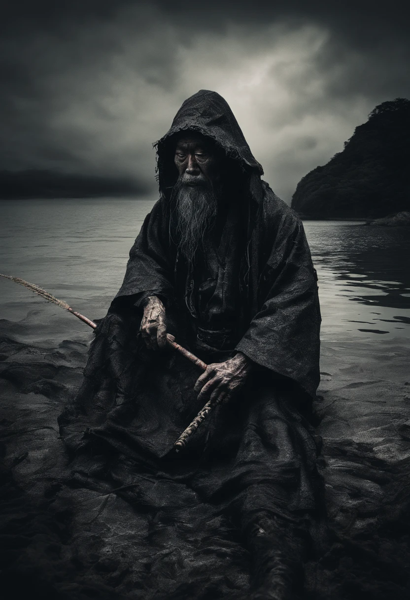 Japanese fisherman on an isolated island, noite, luar, neblina