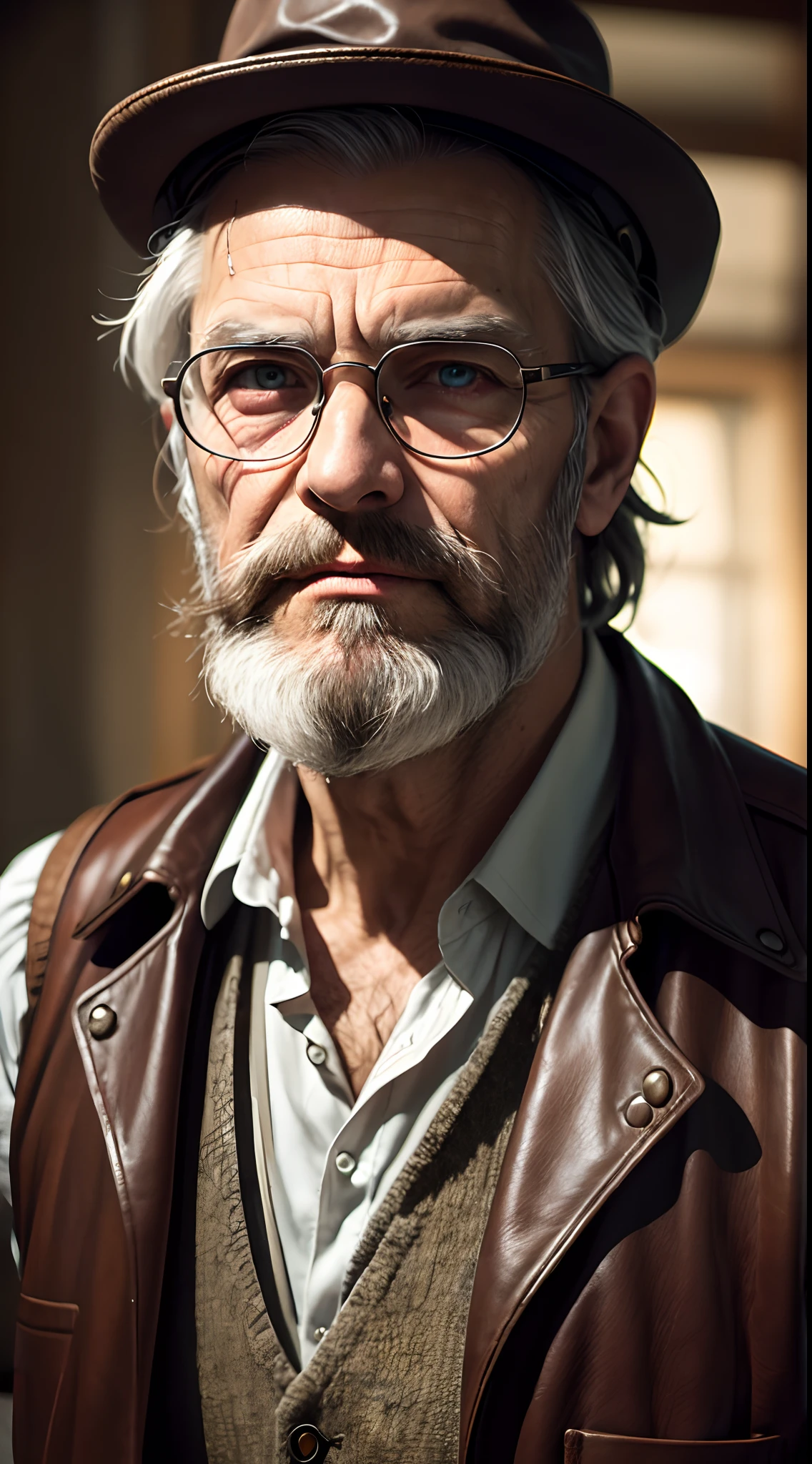 (best quality,8k,highres,masterpiece:1.2),ultra-detailed,realistic,oldrogue,shot on dslr, detailed face,aged appearance,vintage style,weathered clothing,expressive eyes and mouth,longgraybeard,crinkles around the eyes,deep wrinkles,grizzled hair,spectacled,leather vest,tattered hat,careworn features,sharp focus,dimmed colors,soft lighting,cracked skin,rugged facial hair,aged eyes,life experiences etched on the face,distinguished appearance,wise gaze