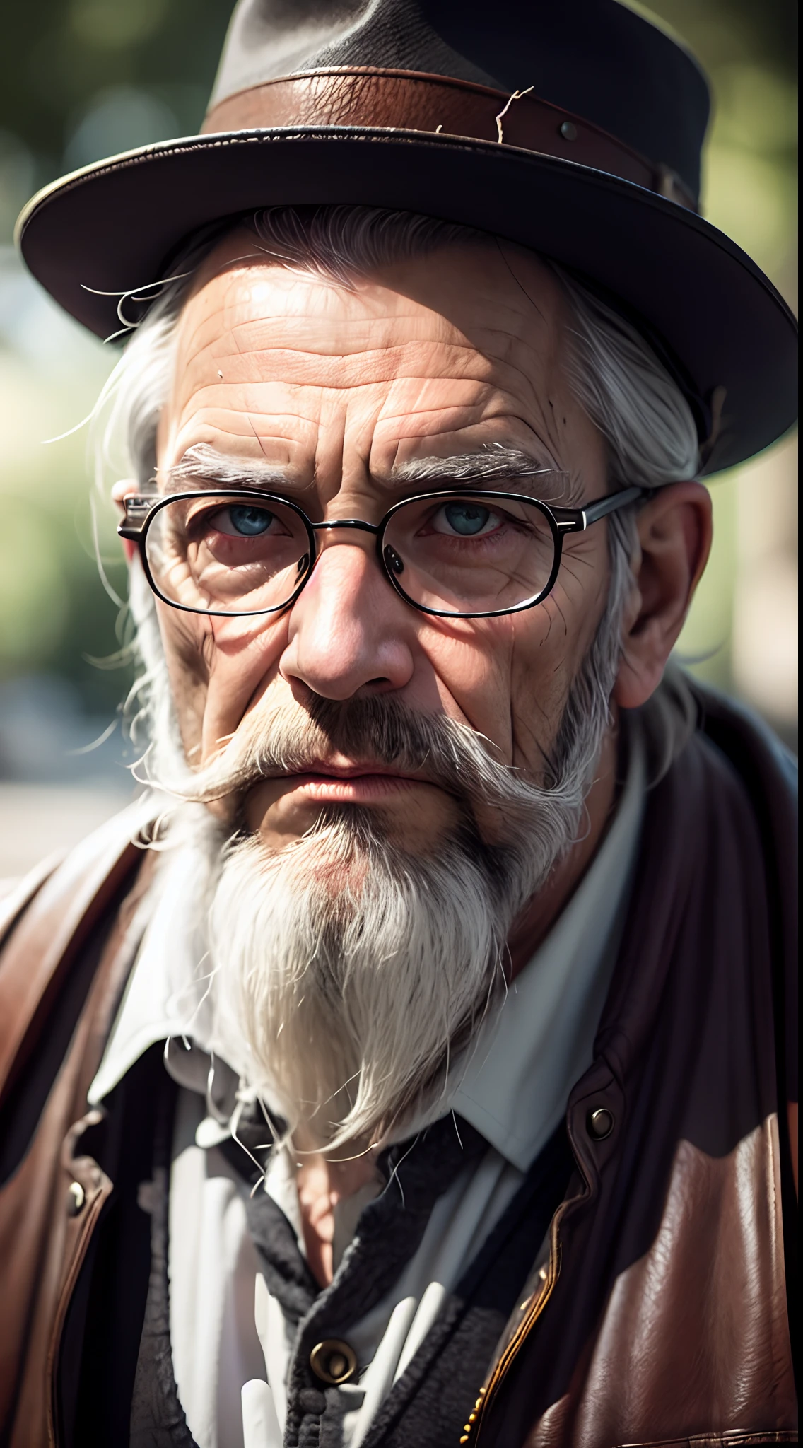 (best quality,8k,highres,masterpiece:1.2),ultra-detailed,realistic,oldrogue,shot on dslr, detailed face,aged appearance,vintage style,weathered clothing,expressive eyes and mouth,longgraybeard,crinkles around the eyes,deep wrinkles,grizzled hair,spectacled,leather vest,tattered hat,careworn features,sharp focus,dimmed colors,soft lighting,cracked skin,rugged facial hair,aged eyes,life experiences etched on the face,distinguished appearance,wise gaze