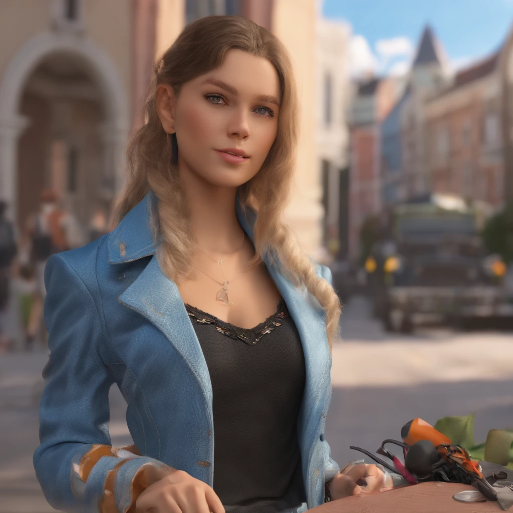 (black riders jacket:1.1), (masterpiece, best quality, pretty girl, beautiful face, 8k, raw photo, photorealistic, absurdres:1.2), s, cowboy shot, dutch angle, facelight, film grain, chromatic aberration, highres, ultra detailed, finely detail, light blue frilled lace dress, detailed skin and eyes and face, sharp pupils, realistic pupils, sharp focus, street