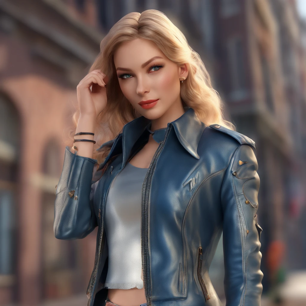 (black riders jacket:1.1), (masterpiece, best quality, pretty girl, beautiful face, 8k, raw photo, photorealistic, absurdres:1.2), teens, cowboy shot, dutch angle, facelight, film grain, chromatic aberration, highres, ultra detailed, finely detail, light blue frilled lace dress, detailed skin and eyes and face, sharp pupils, realistic pupils, sharp focus, street