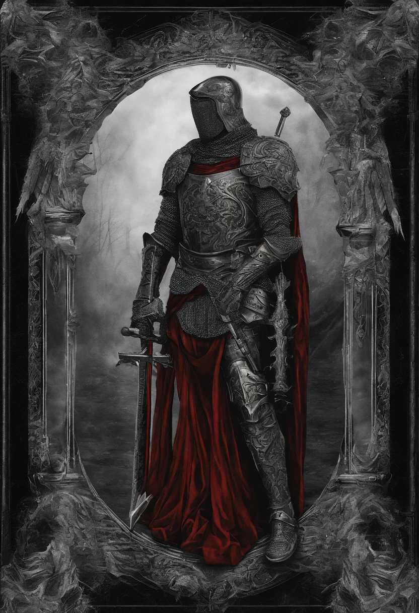Illustration based on the referenced medieval fantasy knight. The knight is in the same position, vestindo uma armadura prateada completa. The breastplate is adorned with laurel designs reminiscent of the Romans. Their gauntlets and boots are made of the same silver metal as the rest of the armor. He is covered with a flowing red cape. A face do escudo, that's next to him, Displays the appearance of a beautiful woman with wavy hair, mantendo o restante dos detalhes da imagem original.
