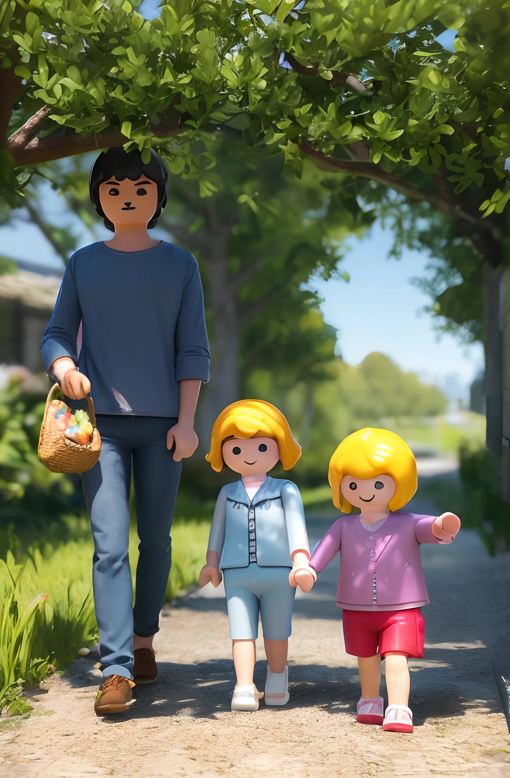 crie uma imagem, realista, 3d of a Playmobil style family, o pai de cabelos castanhos escuros, The blond-haired mother, uma menininha loira de olhos azuis, A blonde baby girl with blue eyes and a pet kitten.