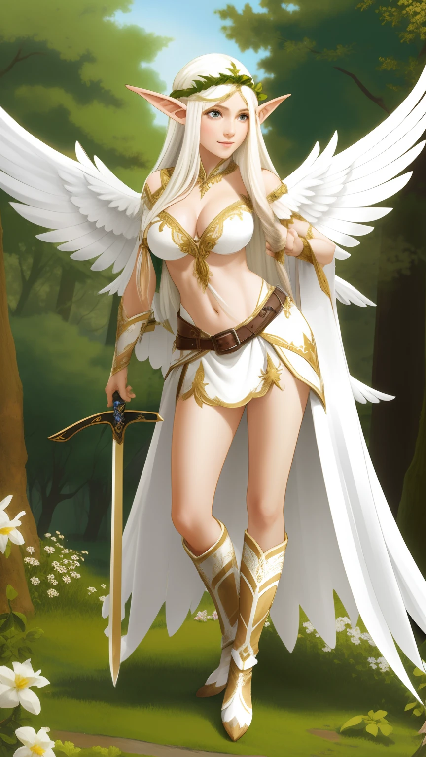 winged elf druid with white long hair, big boobs, with a short sword and cute costume