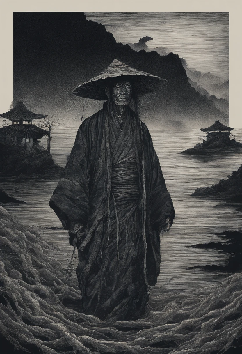 Japanese fisherman on an isolated island, noite, luar, neblina, roupas normais