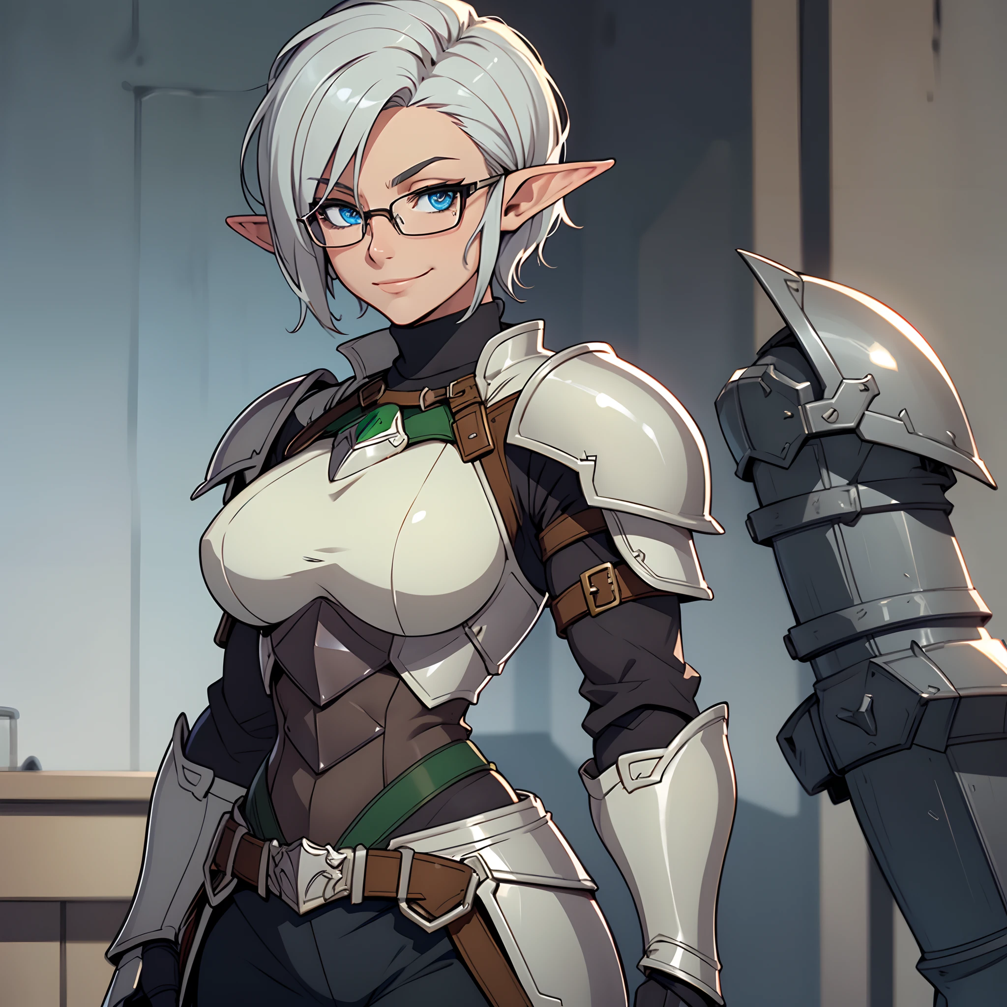 Solo, female, turtleneck, ((armor, knight, steel armor, elf)), smirking, silver hair, short swept hair, short hair, sideswept, glasses, standing, chestpiece, green blue eyes, big breasts, ((muscular)), tan skin