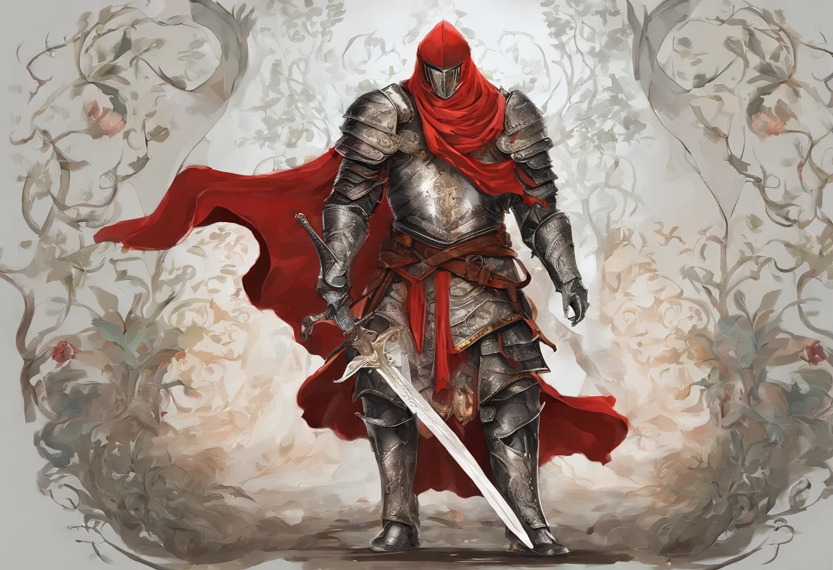 Illustration based on the referenced medieval fantasy knight. The knight is in the same position, vestindo uma armadura prateada completa. The cuirass is adorned with laurel designs reminiscent of the Romans. Their gauntlets and boots are made of the same silver metal as the rest of the armor. He is covered with a flowing red cape. A face do escudo, that's next to him, Displays the appearance of a beautiful woman with wavy hair, mantendo o restante dos detalhes da imagem original.