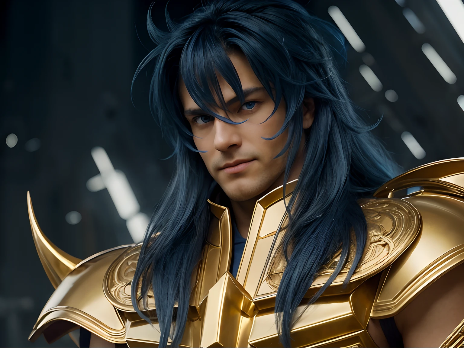 Cinematic stunningly detailed and ultra-realistic Milo Scorpio of Saint Seiya. Close up. Half-body. He is wearing a medieval armor, (full golden armor), shoulder armor, near starry Skye background, (detailed armor, high quality), (ornate armor), Octane is the perfect tool to capture the softest details of this 16k photography masterpiece. He is a handsome caucasian man about 30 years old. 1boy. Caucasian. Beautiful face. Detailed face. Beautiful nose. ((Pretty big blue eyes)). Perfect eyes. Defined eyes. ((Shaved)). ((Smaller nose)) He has long ((blue)) hair. Messy hair. Bands. Slightly smile. He is staring his enemy. (detailed armor, high quality), (hdr), (noble), inspiring, film, cinematic lighting, goldentech. No strabic.