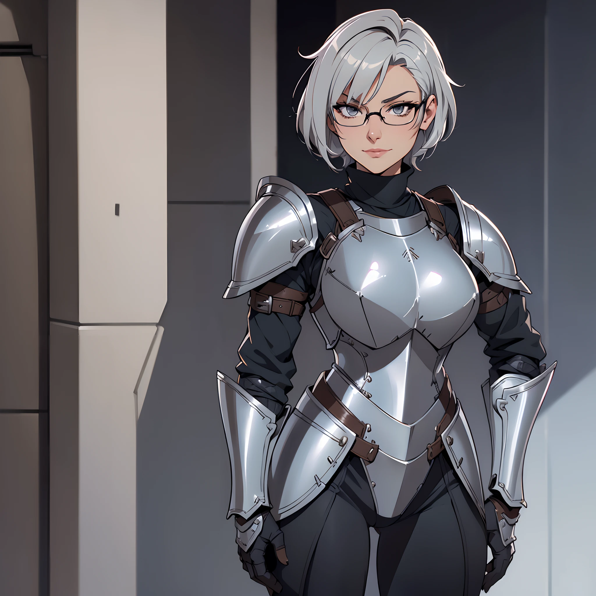 Solo, female, turtleneck, ((armor, knight, steel armor)), smirking, silver hair, swept hair, short hair, sideswept, glasses, standing, chestpiece, thick lips, big breasts