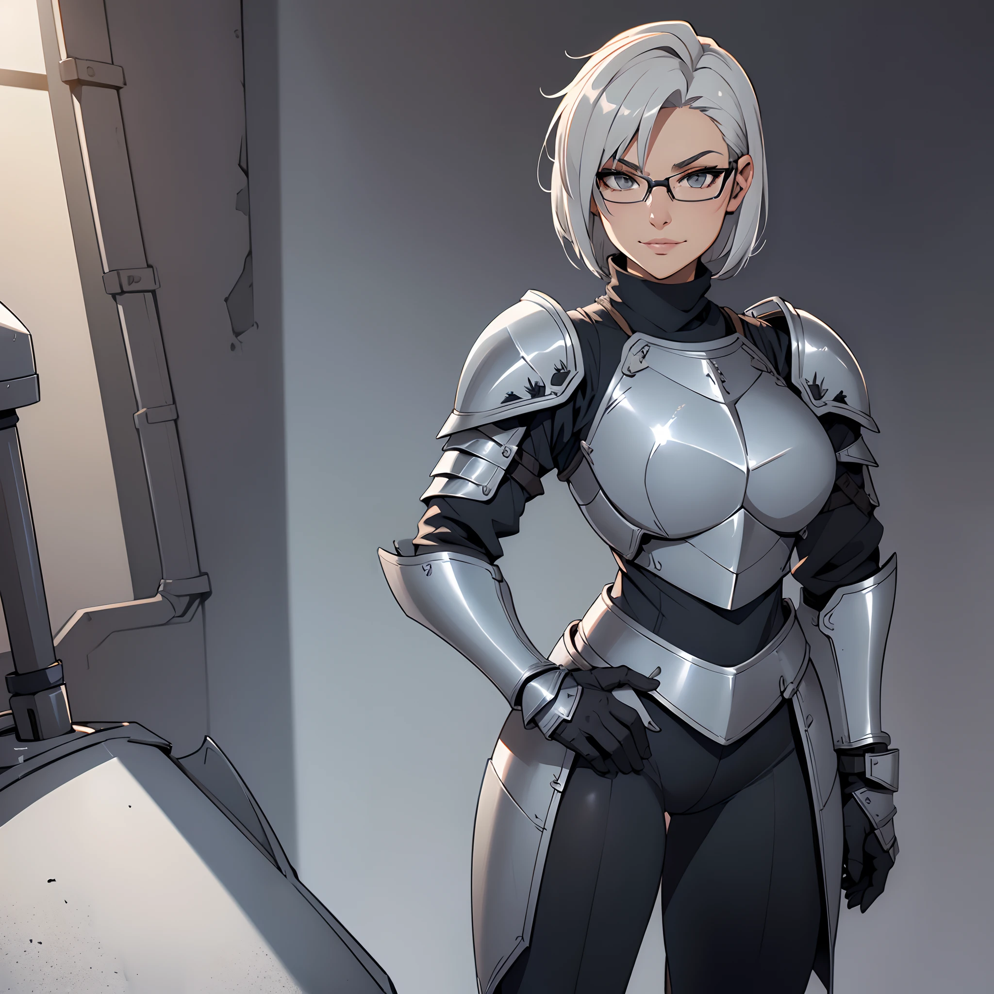 Solo, female, turtleneck, ((armor, knight, steel armor)), smirking, silver hair, swept hair, short hair, sideswept, glasses, standing, chestpiece, thick lips, big breasts